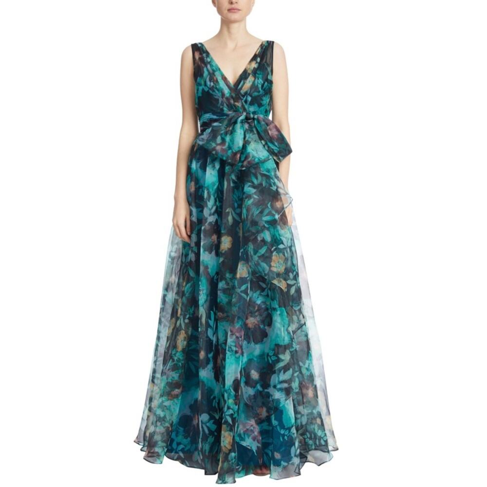 NEW Badgley Mischka Ocean Floral Organza Gown in Green Multi Size 2